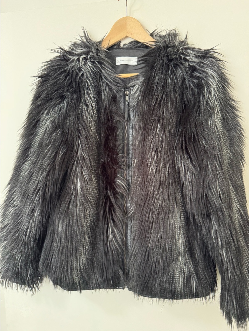 Selected Femme Black Faux Fur Jacket Size 38 Women’s Shaggy Textured Coat